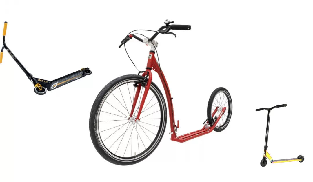 A footbike beside two kick scooters, showing the difference in wheel size